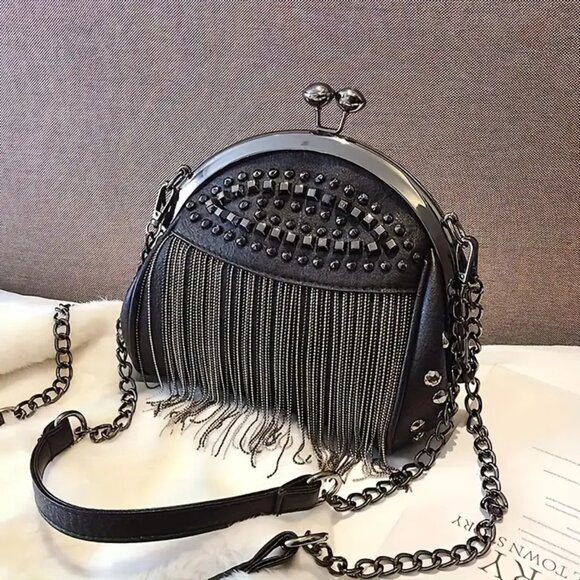 Gothic Studded Fringe Kisslock Crossbody Purse Vintage Inspired Dark Academia - Picture 1 of 12